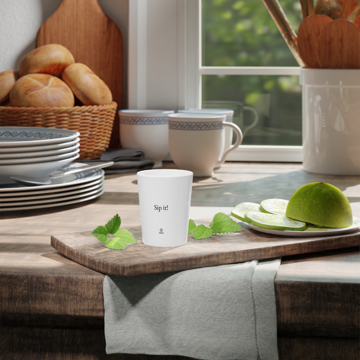 White Ceramic Shot Glass "sip it!"